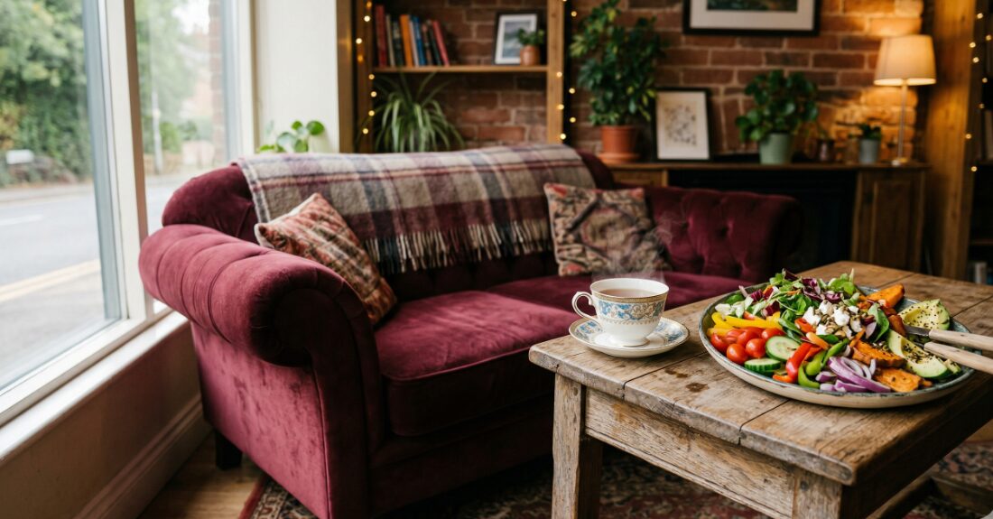 バックロットカフェのクッション性の高いソファ席や健康的なサラダプレート