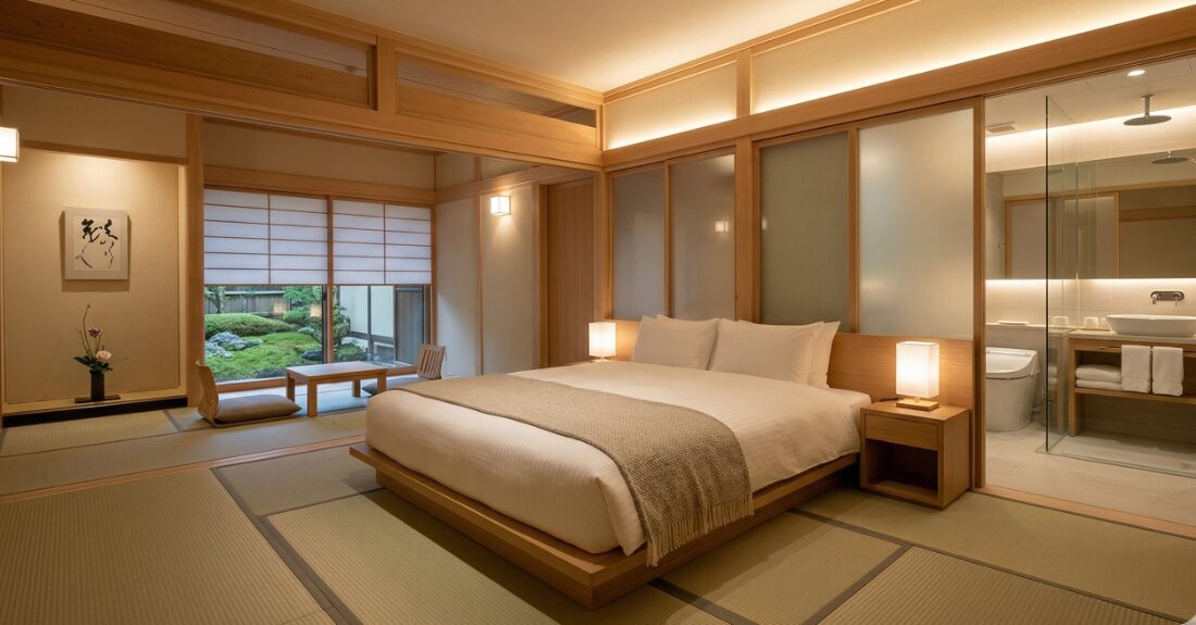 高野山のモダンな宿坊客室（ベッド完備）
