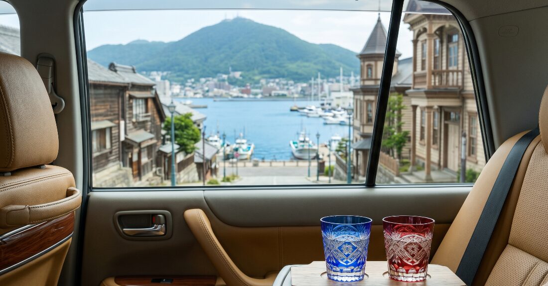 高級感のあるタクシー車内から見える聖地の風景