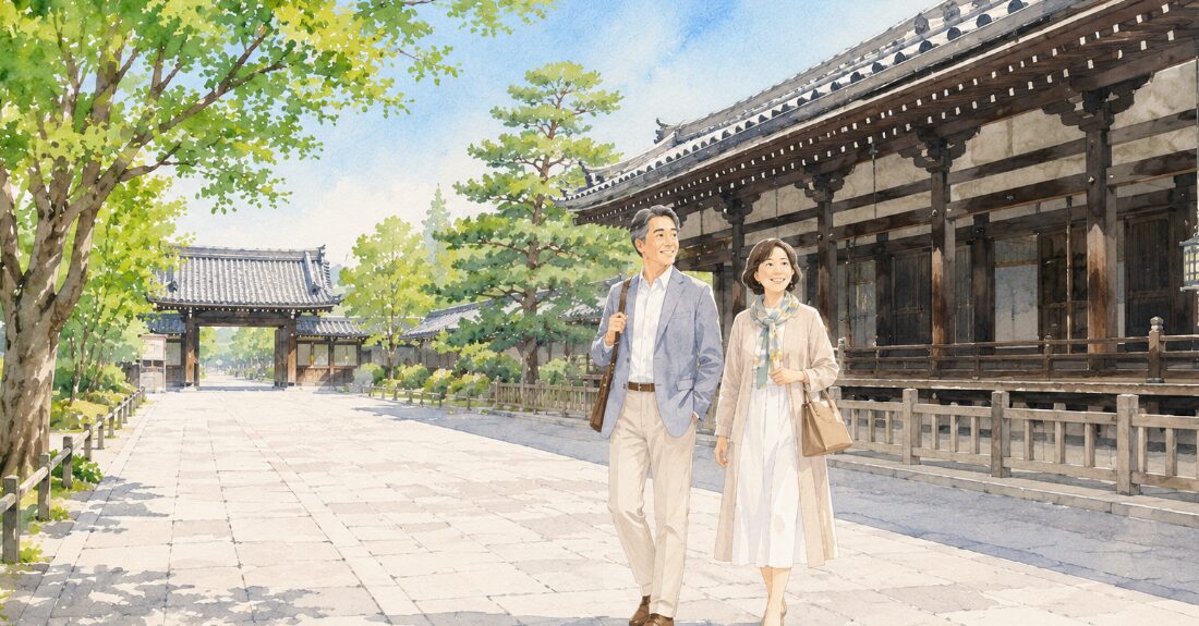 平坦で歩きやすい二条城や三十三間堂の美しい境内イメージ