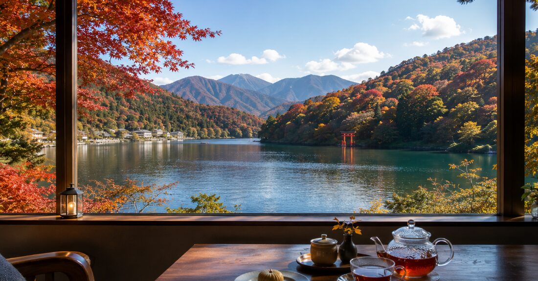 芦ノ湖と紅葉を大きなガラス窓から望むティーラウンジの風景