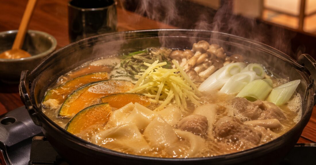 日本の伝統的な雪国の温泉宿の食事処で、湯気が優しく立ち上るカボチャや根菜、生姜をたっぷり使ったご当地鍋がぐつぐつと煮えている美味しそうな温活グルメのイメージ