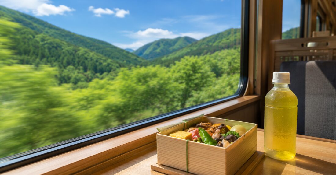 高原を駆け抜ける美しい観光列車の車窓と、座席に用意された瑞々しいご当地駅弁のイメージ