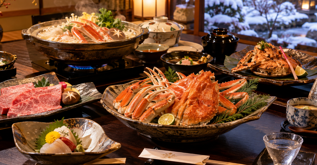 落ち着いた個室食事処のテーブル席に並ぶ極上の冬会席料理。湯気が立ち上る冬の美味の演出