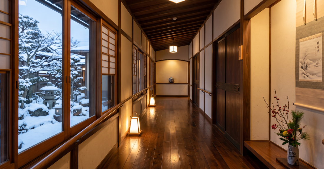 温かみのある木目調の館内廊下と足元の柔らかな照明。段差がなくスロープや手すりが整ったバリアフリーな空間