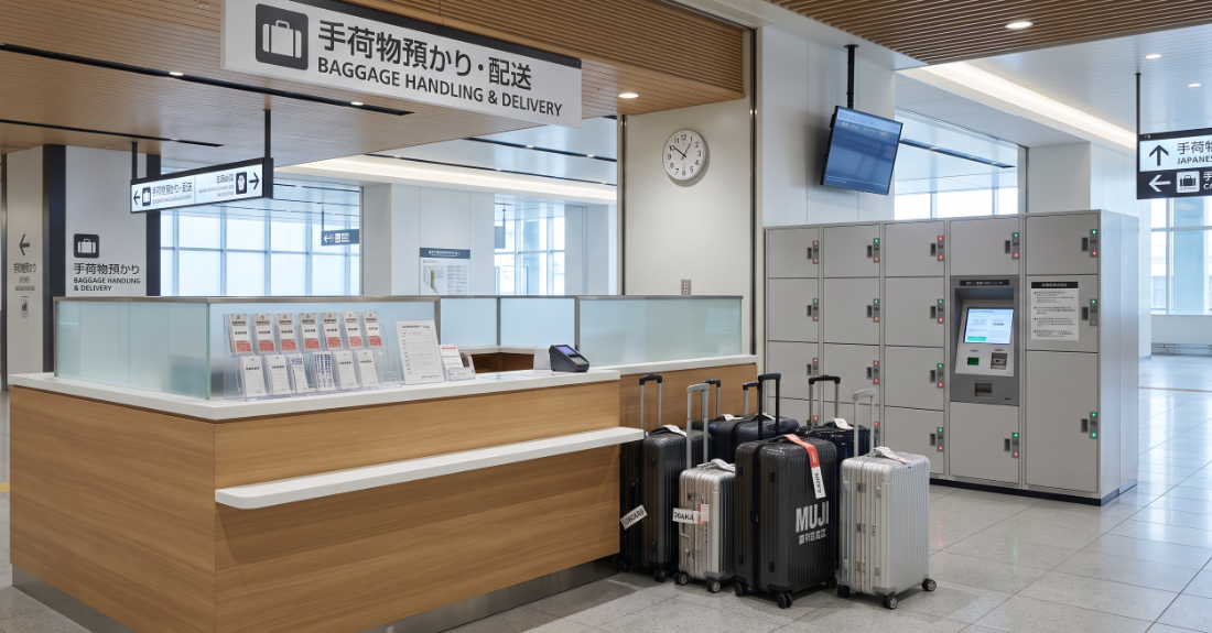 京都駅の手荷物配送カウンターで大きな荷物を預けて身軽になるイメージ