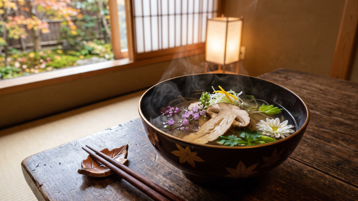 お出汁が香る秋の極上椀物と落ち着いた個室食事処の風景
