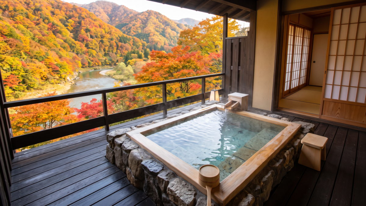 秋の美しい木々や渓谷を静かに眺められる客室専用露天風呂の風景