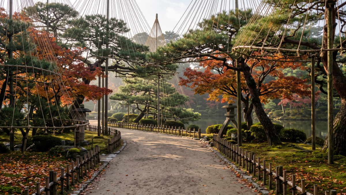 小立野口側から平坦に巡る兼六園の紅葉と雪吊りの情景