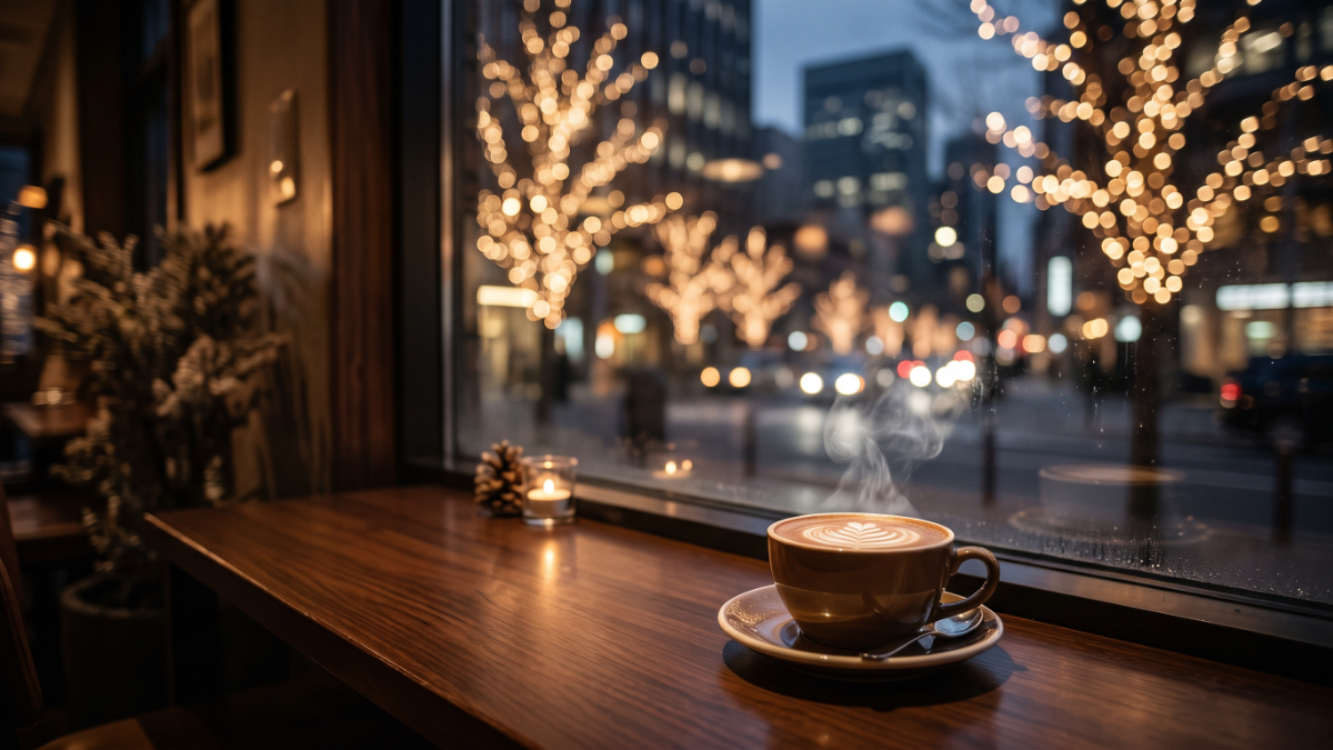 落ち着いたカフェの窓越しから眺める冬のイルミネーション景観